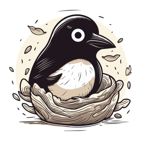 Cute little penguin sitting in the nest. Vector illustration.