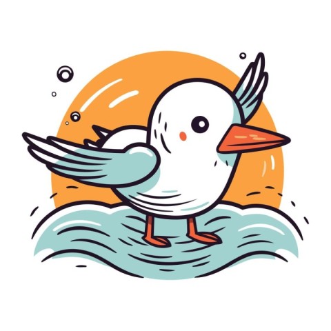 Cute cartoon seagull on the sea. Vector illustration.