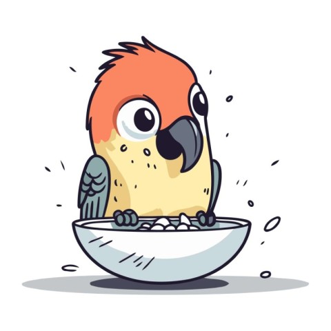 Cute parrot eating from a bowl. Vector illustration in cartoon s