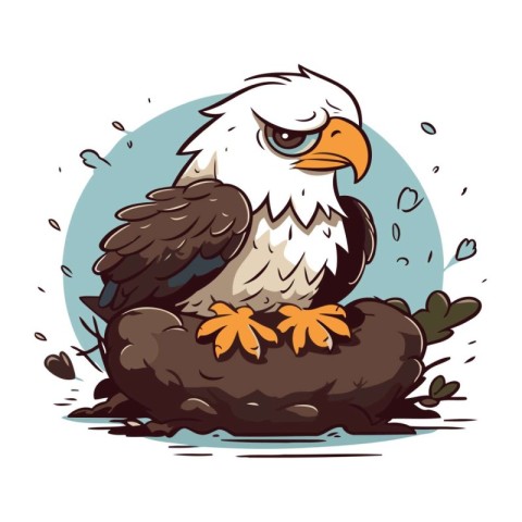 Bald eagle sitting on a rock in the rain. Vector illustration.