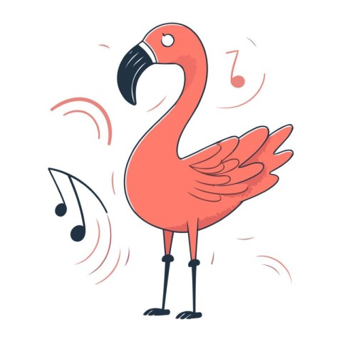 Flamingo bird with music notes. Vector illustration in cartoon s