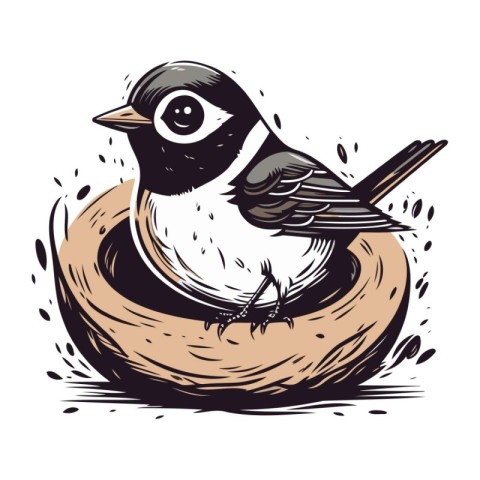 Vector hand drawn illustration of a titmouse sitting on a nest.