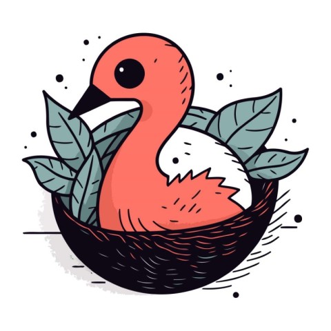 Flamingo in the nest. Vector illustration in cartoon style.