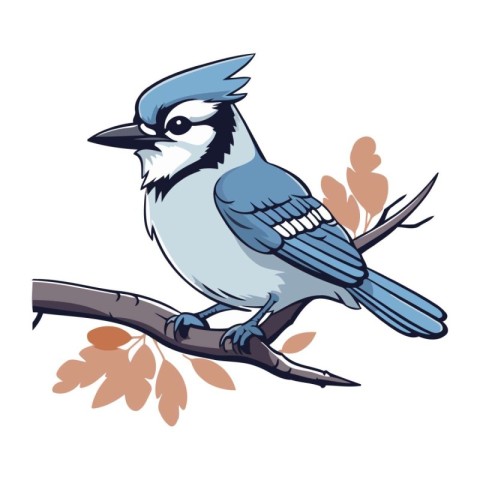 Blue jay bird sitting on a branch with leaves. Vector illustrati