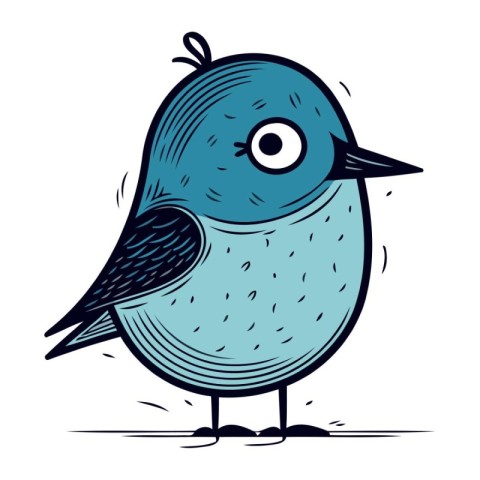 Cartoon blue bird. Hand drawn vector illustration. Isolated on w