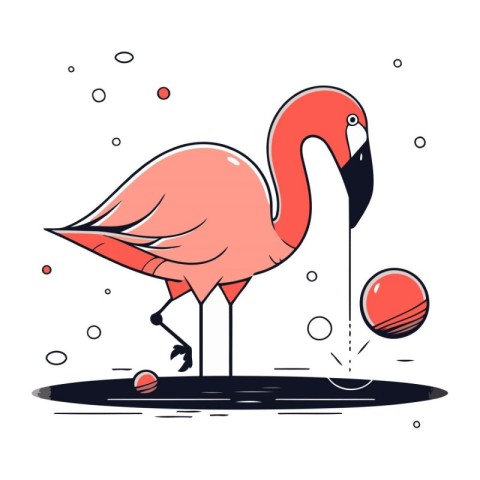 Flamingo bird with ball. Vector illustration in doodle style.