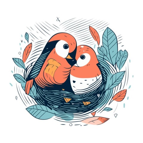 Vector illustration of a pair of cute birds sitting in the nest.