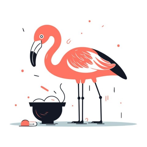 Flamingo with bowl of soup. Vector illustration in flat style