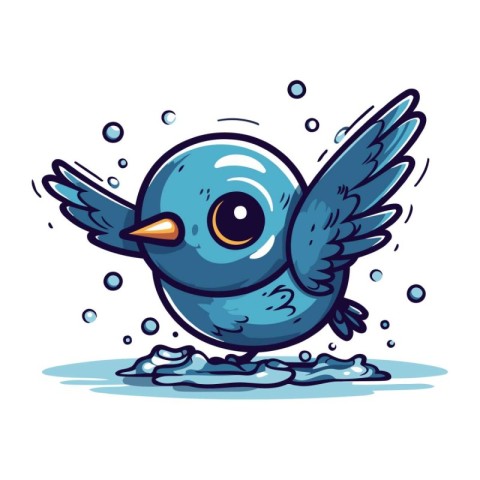 Cute cartoon blue bird with wings flying in the water. Vector il