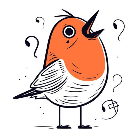 Vector hand drawn illustration of a robin with a question mark.