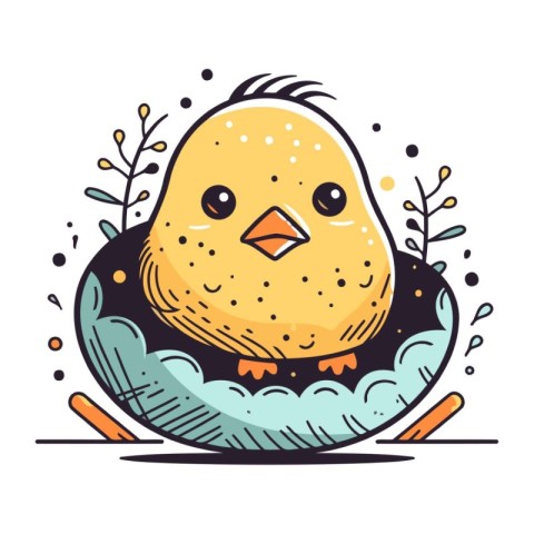 Cute little chick in a bowl. Vector illustration in cartoon styl