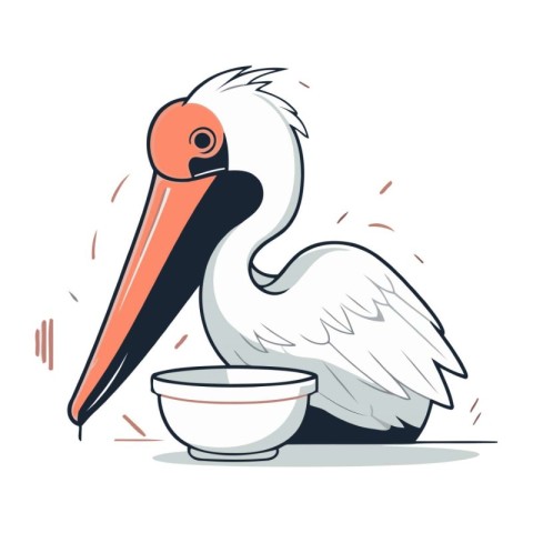 Pelican with a bowl of soup. Cartoon vector illustration.