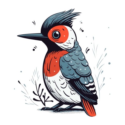 Cute red headed woodpecker. Hand drawn vector illustration.