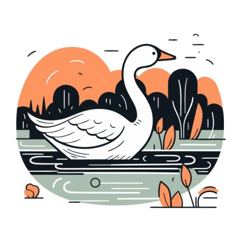 Swan on the lake. Vector illustration in flat linear style.