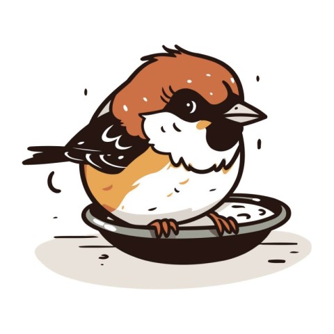 Sparrow sitting on a plate. Vector illustration in cartoon style