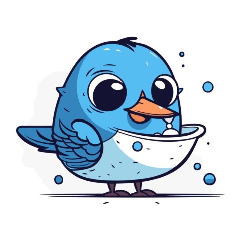 Cute blue bird with a bowl of water. Vector illustration.