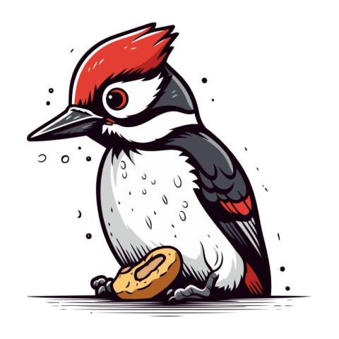 Woodpecker eating a donut. Vector illustration isolated on white