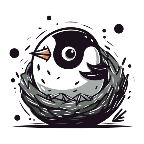 Cute penguin in the nest. Hand drawn vector illustration.