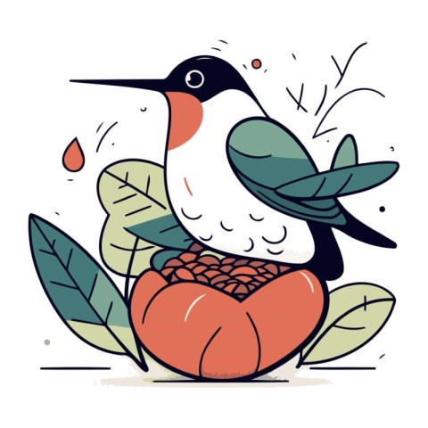 Cute cartoon Hummingbird sitting on a flower. Vector illustratio