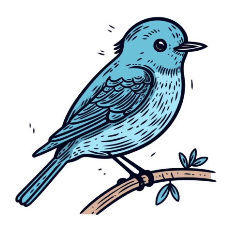 Blue bird sitting on a branch. Vector illustration in doodle sty