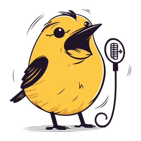 cute cartoon bird with a microphone in his hand. vector illustra