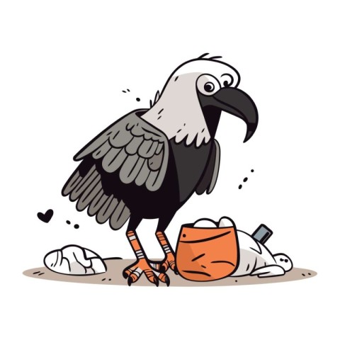 Cute cartoon crow and garbage. Vector illustration on white back