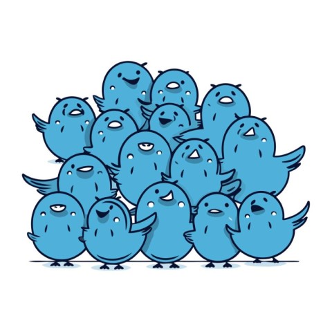 Funny blue bird with a flock of birds. Vector illustration.