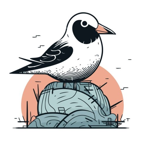 Cute bird sitting on the rock. Vector illustration in flat style