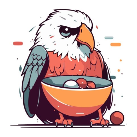 Eagle with bowl of apples. Vector illustration in cartoon style.