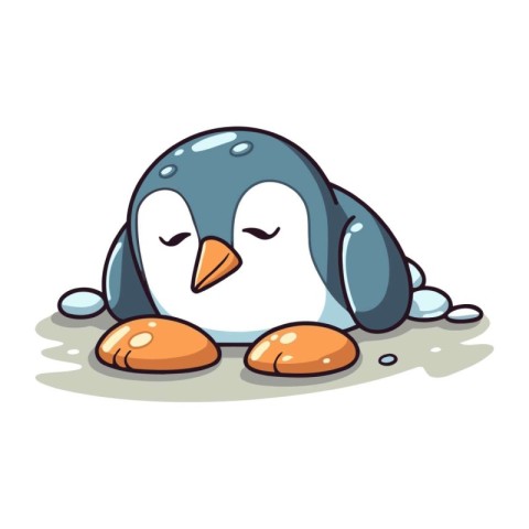 Cute penguin sleeping on pebble. vector illustration.