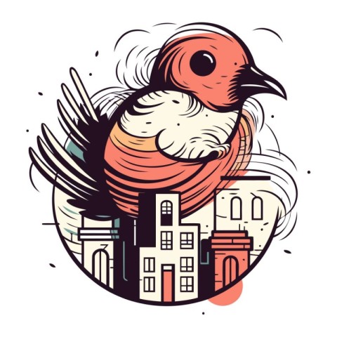 Cute bird in the city. Vector illustration in retro style.