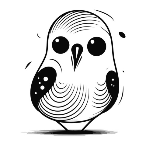 Black and white vector illustration of a cute cartoon owl on a w