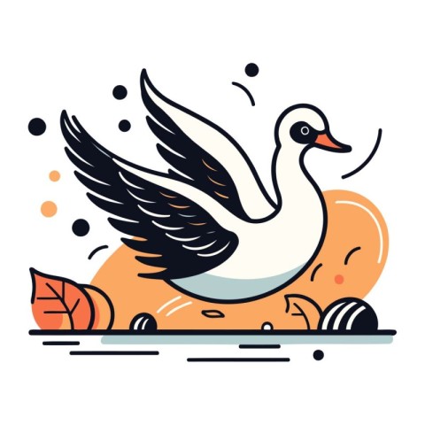 White swan flying in the air. Vector illustration in flat linear