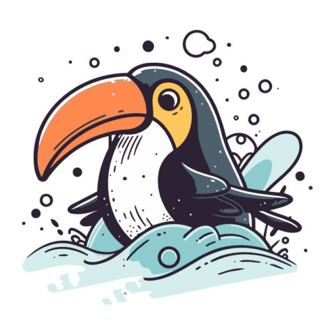 Cute cartoon toucan sitting on the wave. Vector illustration.