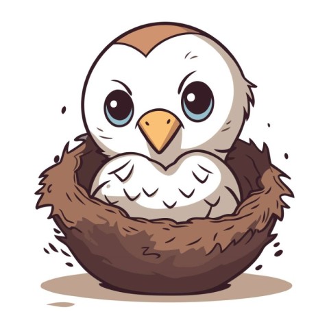 Illustration of a cute baby penguin in a nest on a white backgro