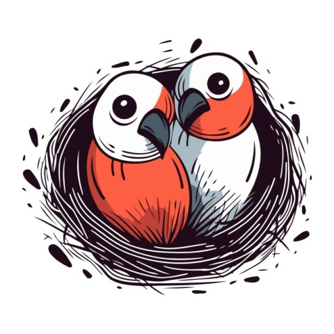 Vector illustration of two birds in the nest. Hand drawn style.