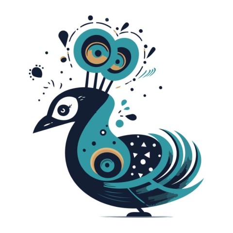 Vector illustration of a peacock with splashes. Hand drawn bird.