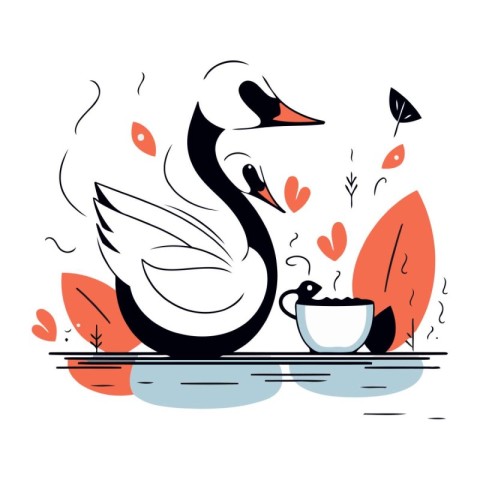 Vector illustration of a swan with a cup of coffee in the autumn