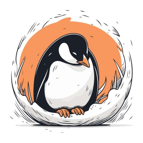 Penguin in the hole. Hand drawn sketch. Vector illustration.