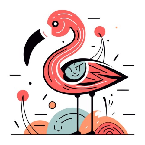 Flamingo. Hand drawn vector illustration in flat line style.