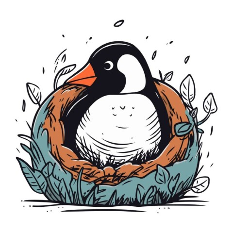 Cute penguin in the nest. Vector hand drawn illustration.