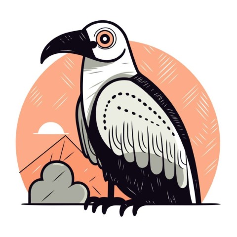 Vulture on a background of the sky. Vector illustration in carto