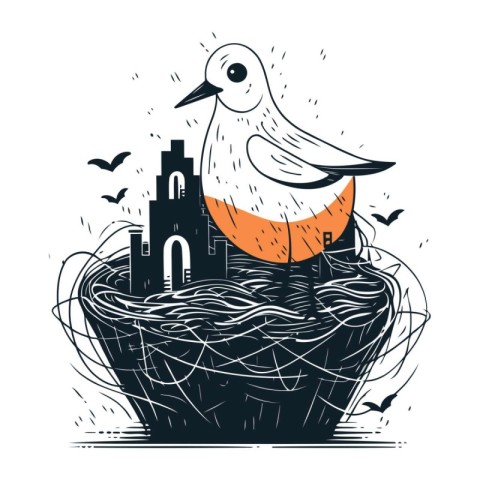 Vector hand drawn illustration of a bird in the nest with a cast