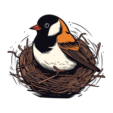 Bullfinch in a nest. Vector illustration of a bird.