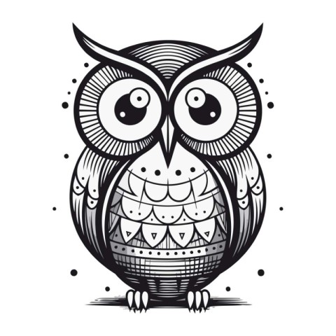 Owl. Black and white vector illustration. Isolated on white back