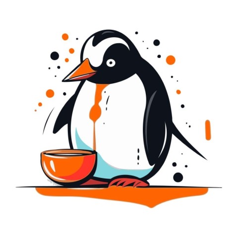 Cute penguin with cup of coffee. Hand drawn vector illustration.