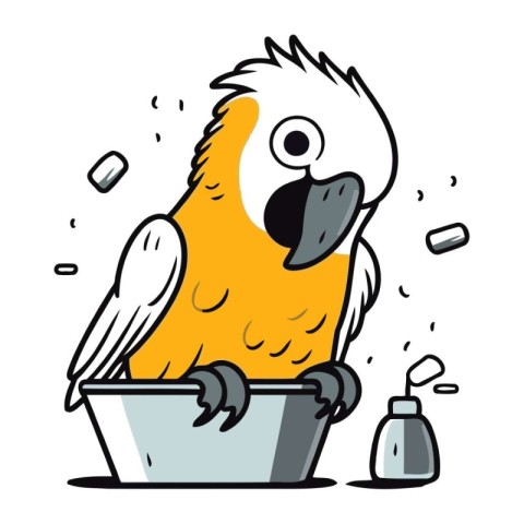 Cute parrot in a bowl of water. Cartoon vector illustration.