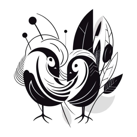 Vector black and white illustration of a pair of birds on a whit