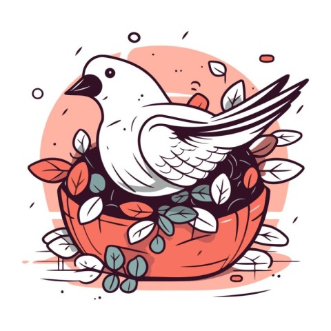 Vector hand drawn doodle illustration of a pigeon in a nest with