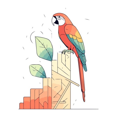 Parrot sitting on the top of a building. Vector illustration.